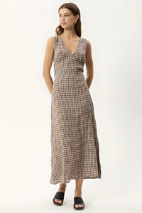 AFENDS Womens Base - Seersucker Check Maxi Dress - Coffee Check