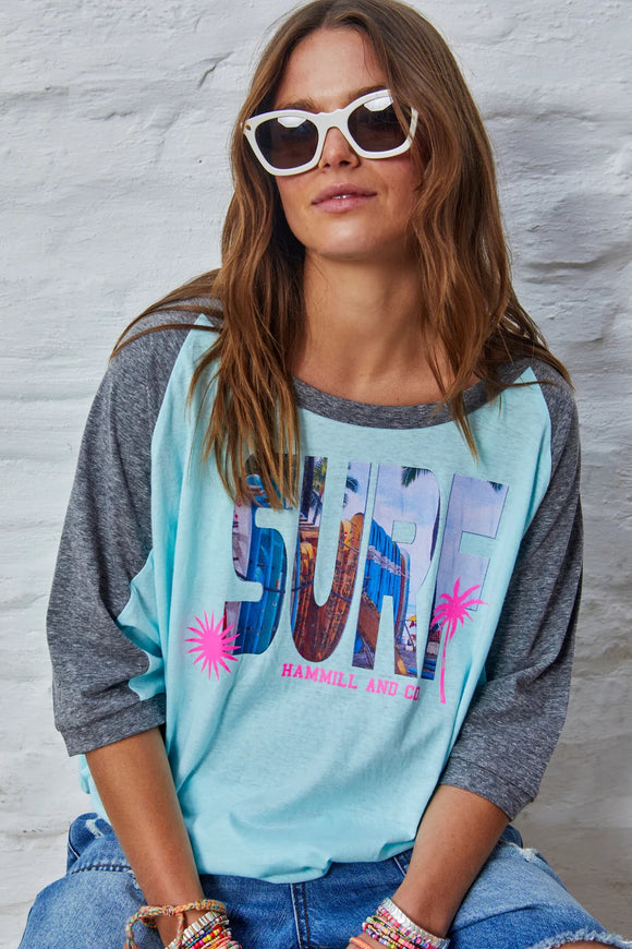 HAMMILL & Co Womens Surf Batwing Raglan Tee - Aqua & Charcoal, WOMENS TEES & TANKS, CAT HAMMILL, Elwood 101