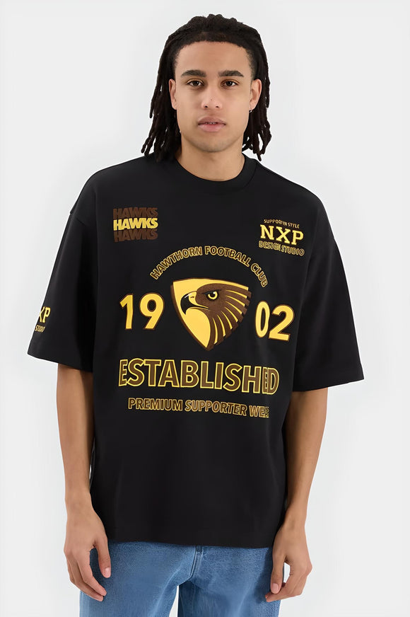 NENA & PASADENA  AFL Mens Hawthorn Hawks Mega Loop Back Tee - Jet Black, MENS TEE SHIRTS, NENA PASADENA, Elwood 101