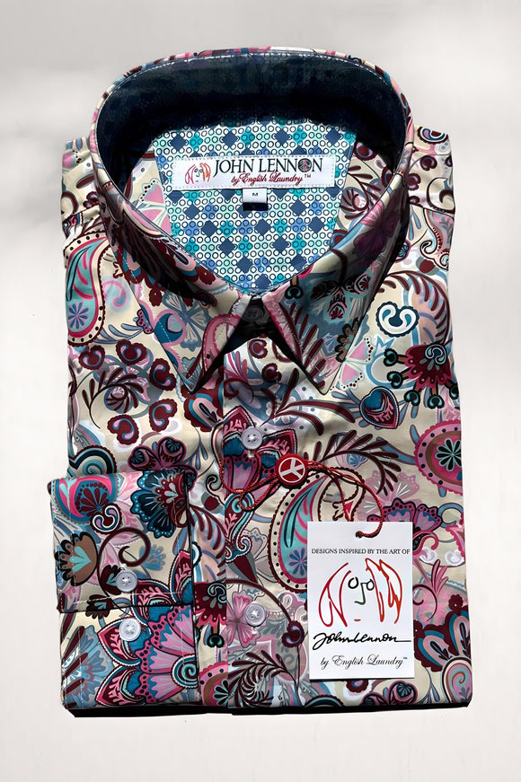 JOHN LENNON Mens Clifton Long Sleeve Shirt - White Floral Paisley