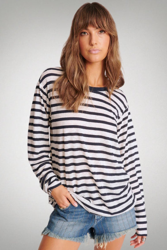 ONE TEASPOON Womens LInen Yarn Dye Stripe Longsleeve Boyfriend Tee - Blue & White