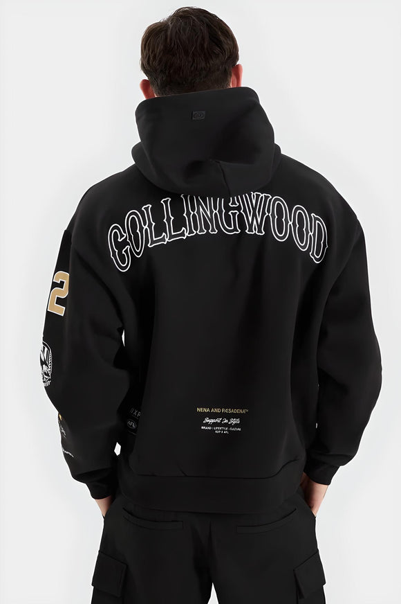 NENA & PASADENA  AFL Mens Collingwood Magpies Box Fit Hoodie - Jet Black, MENS HOODIES, NENA PASADENA, Elwood 101