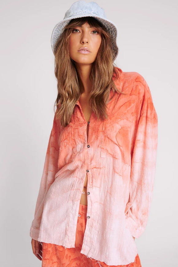 ONE TEASPOON Womens Hand Painted Sunset Muslin Longline Shirt - Coral