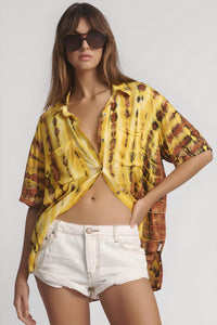 ONE TEASPOON Womens Tropical Satin Hand Printed Short Sleeve Shirt - Yellow